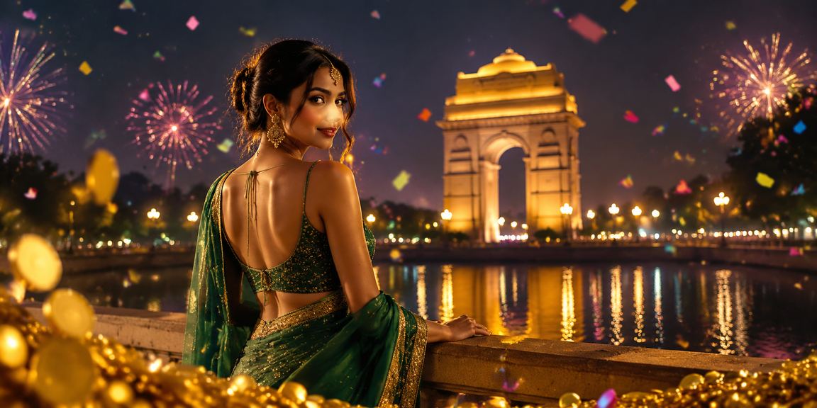 Evening cricket betting scene near India Gate, Delhi with local player dressed in saree